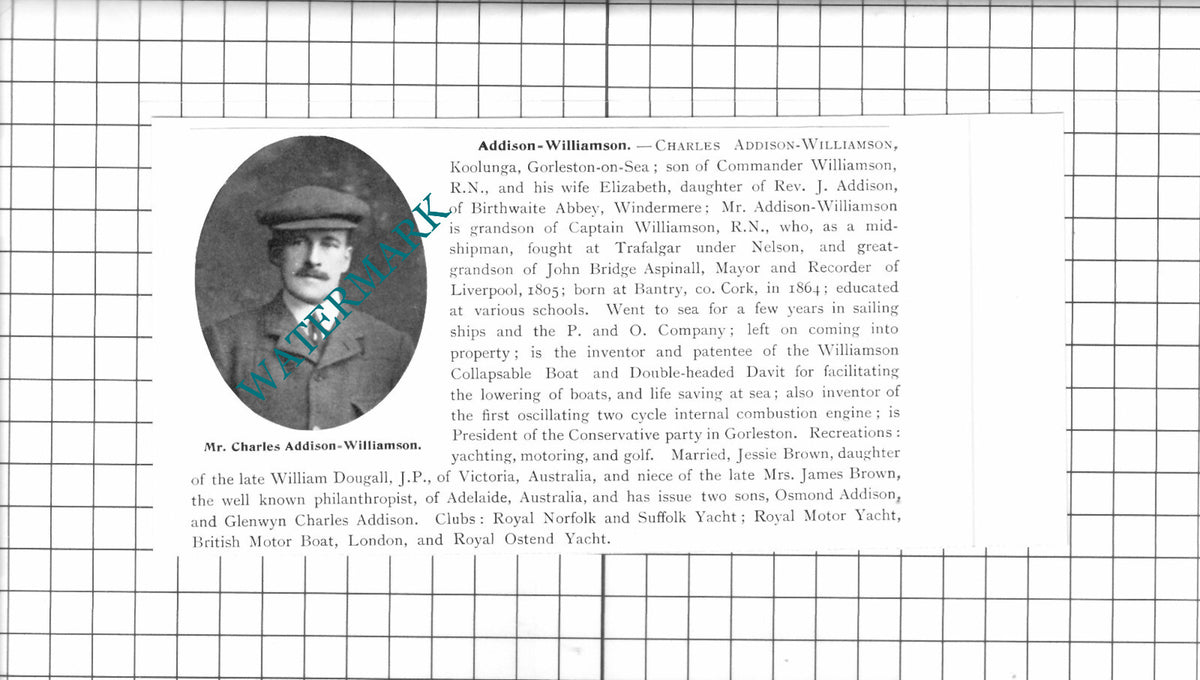 Charles Addison-Williamson Koolunga Goreston-on-Sea - 1911 Clipping