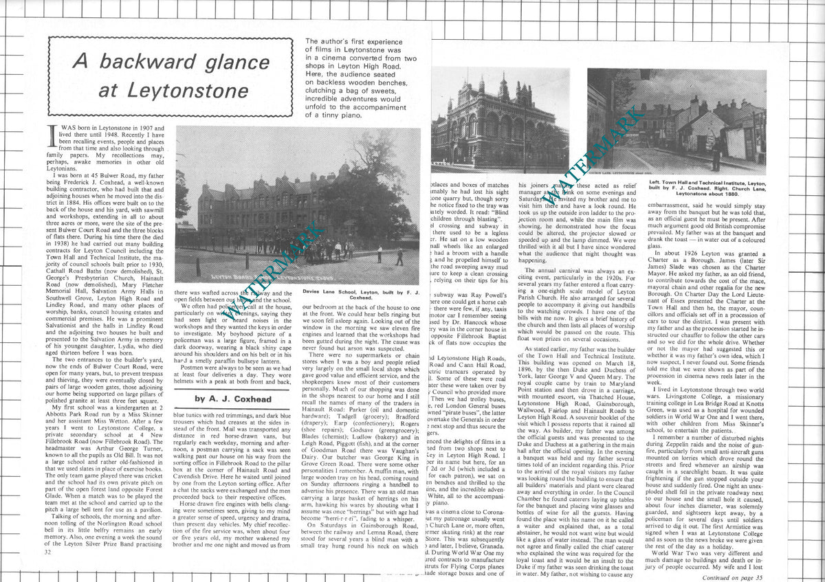 Leytonstone Essex AJ Coxhead - 1978 Article