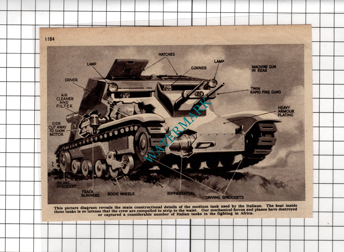 Italian Tank Diagram World War Two WW2  - 1940 Small Cutting