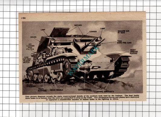 Italian Tank Diagram World War Two WW2  - 1940 Small Cutting