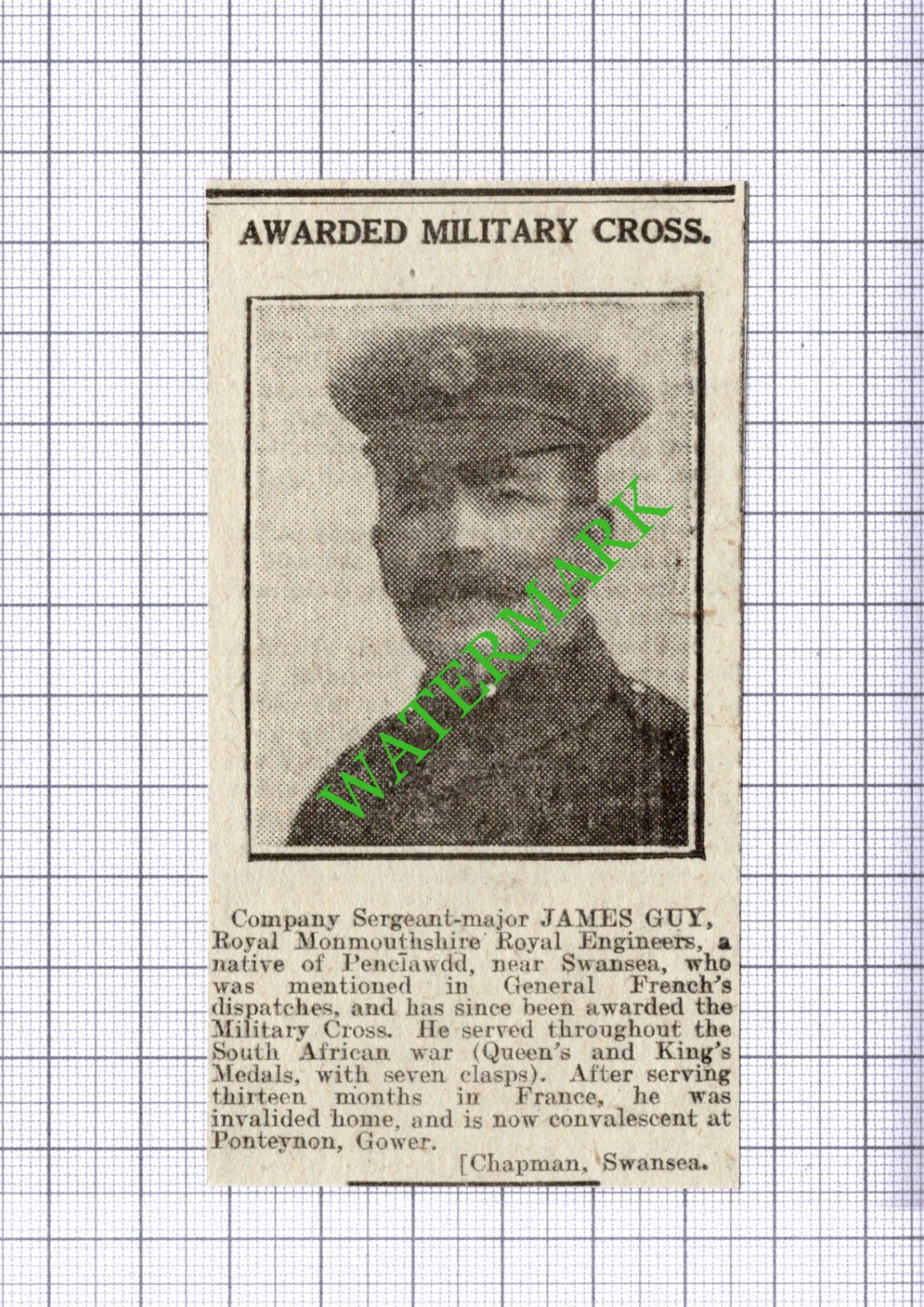 James Guy Royal Monmouthshire Royal Engineers Penclawdd  1916 Small News Cutting