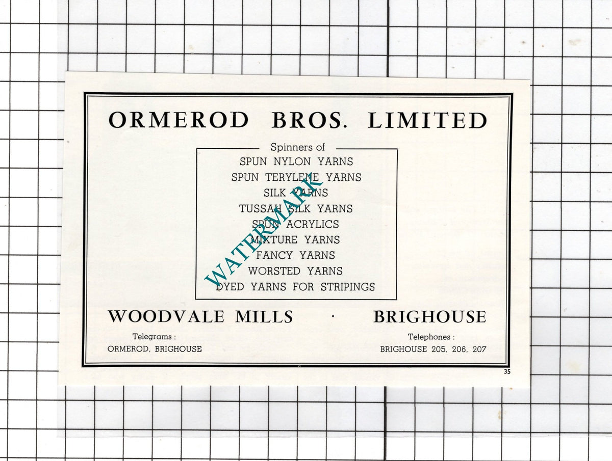 Ormerod Bros Ltd Woodvale Mills Brighouse Yorkshire - c.1962 Small Advert