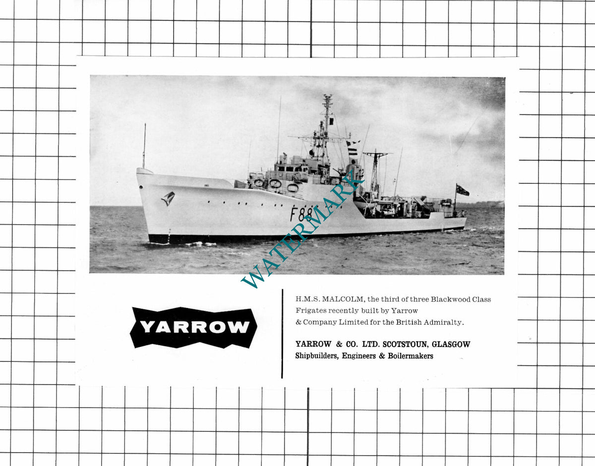 HMS MALCOLM Blackwood Frigate Ship Yarrow & Co ADVERT - 1960 Clipping / Print