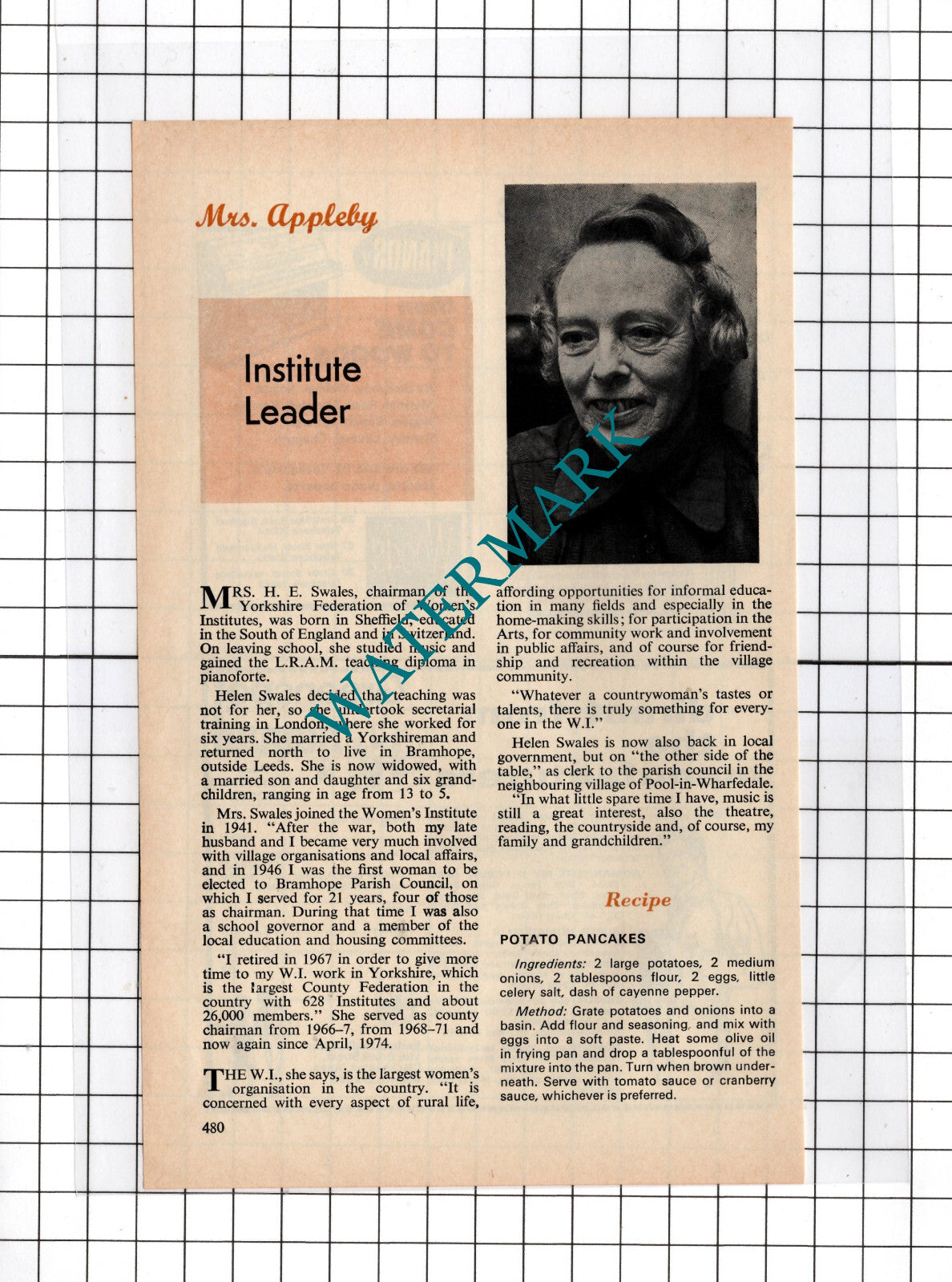 Mrs Helen Swales Yorkshire Federation Of Women's Institutes - 1975 Small Cutting