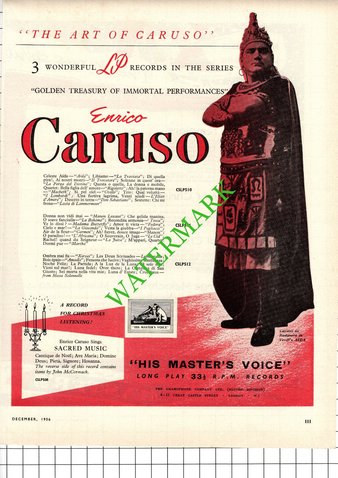 Enrico Caruso ADVERT  - 1956  Cutting / Print
