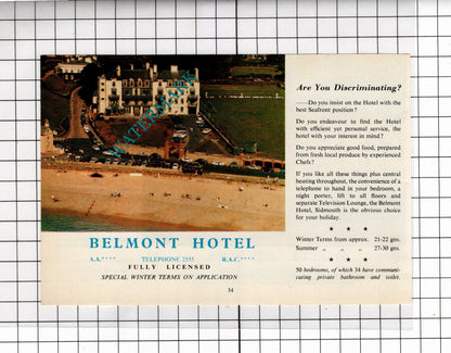 Hotel Riviera Sidmouth Devon David Gibbons / Belmont Hotel - 1968 ADVERT