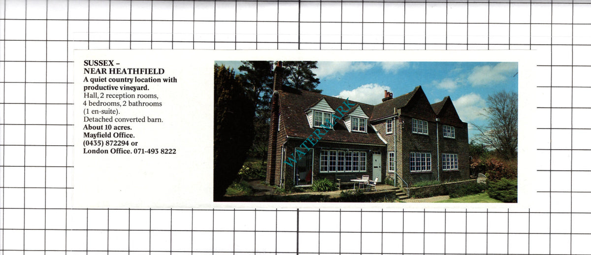 Heathfield Sussex Vineyard House Sale Advert - 1991 Clipping