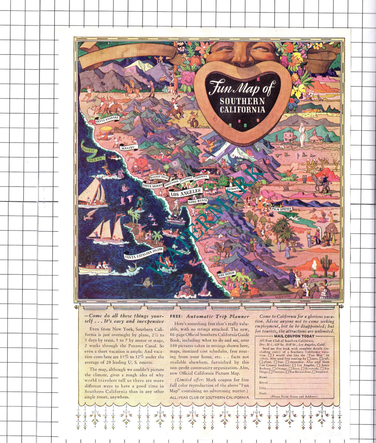Southern California Holiday Tourism Advert - 1937 Clipping / Print