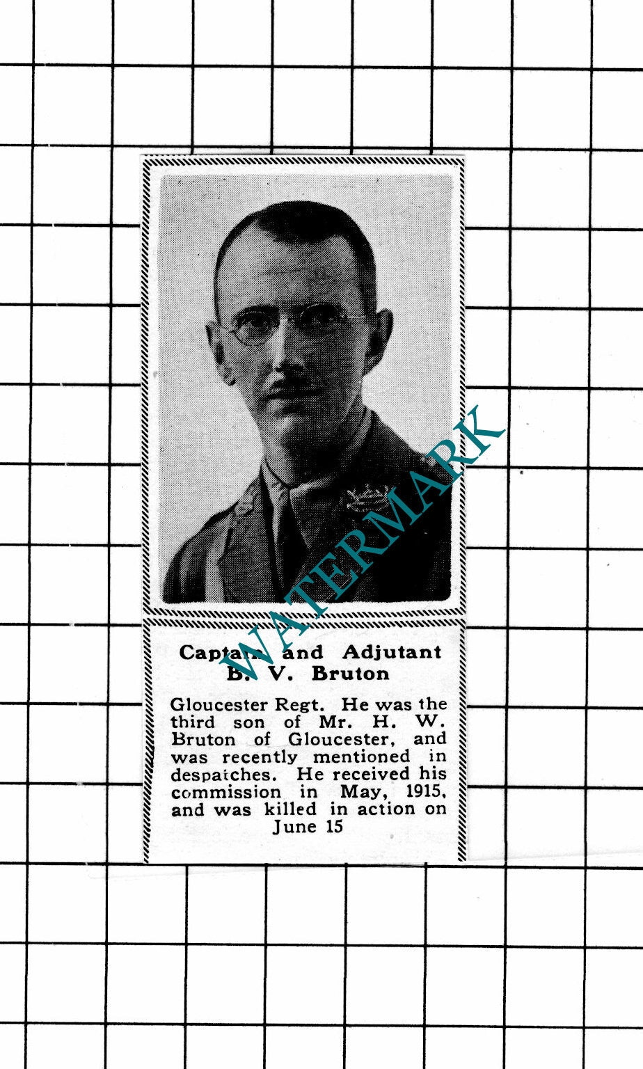 Captain and Adjutant B V Bruton Gloucester Regiment WW1 - c.1918 SMALL Clipping