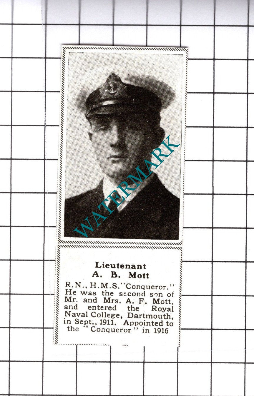 Lt A B Mott Royal Navy HMS Conqueror Great War WW1  - 1919 SMALL Cutting