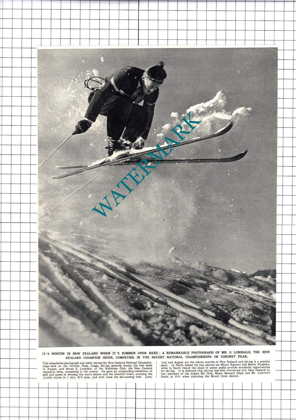 Mr S Lonsdale Wakatipu Club New Zealand Skier Ski-ing  - 1953 Cutting / Print