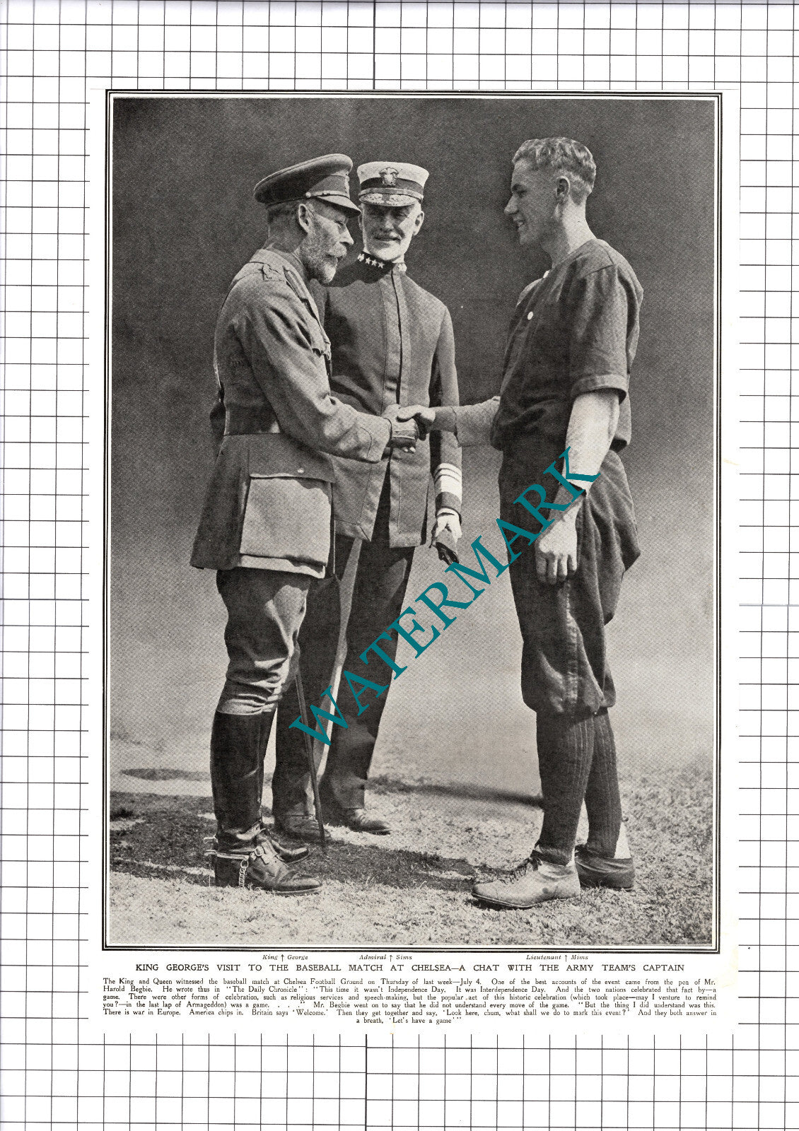 Lt Mims US Army Admiral Sims Chelsea Football Ground WW1 - 1918 Cutting / Print