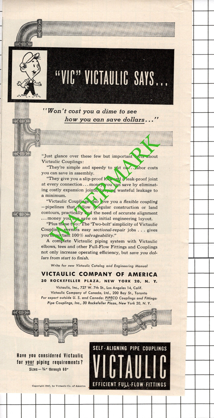Victaulic Company Of America New York USA Advert - 1947 Cutting