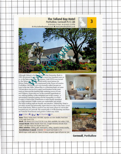 Talland Bay Hotel Porthallow Cornwall / Penventon Park Hotel Redruth 2011 Advert
