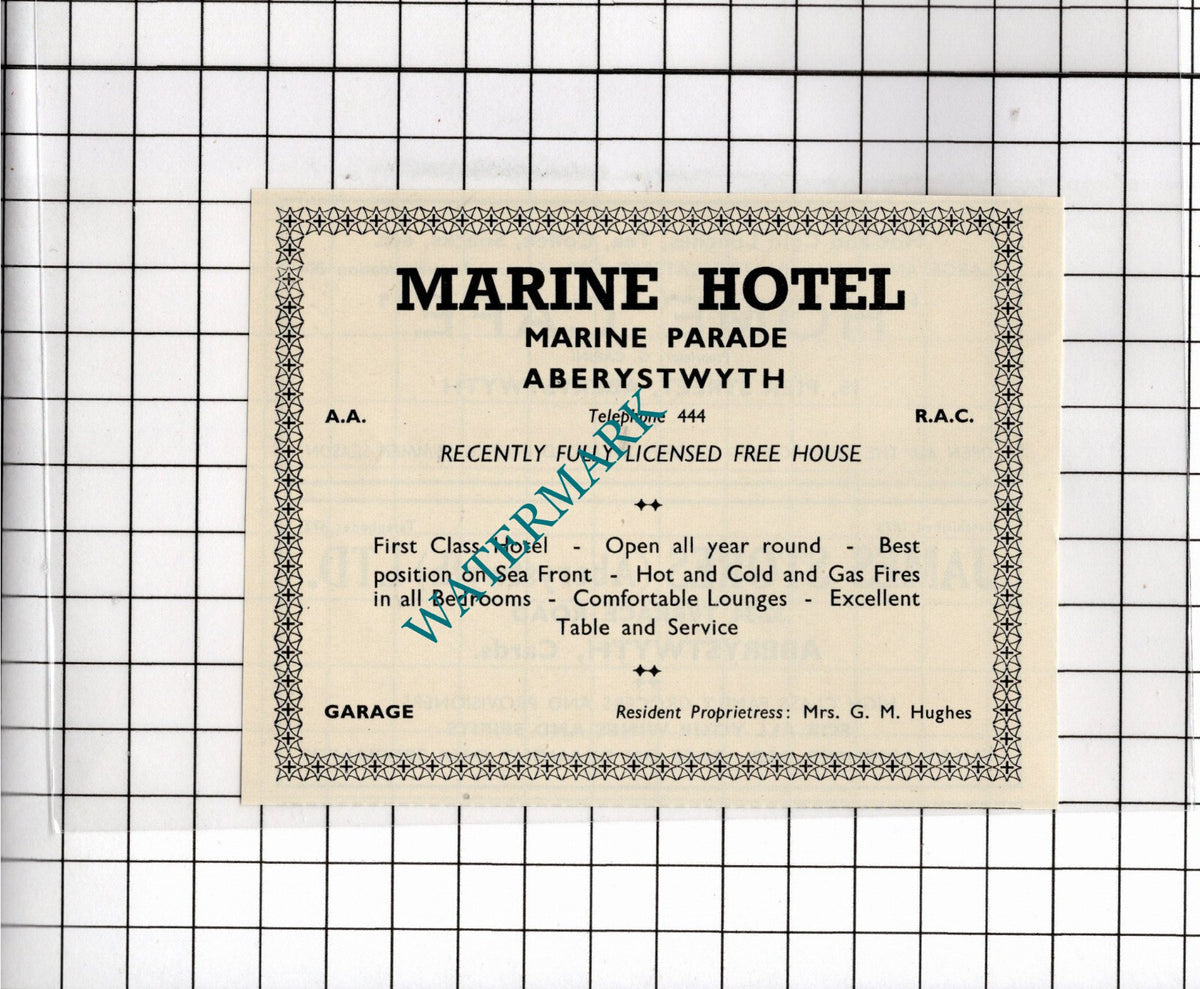 Marine Hotel Aberystwyth Wales Mrs G M Hughes Small Advert  - 1953 Clipping
