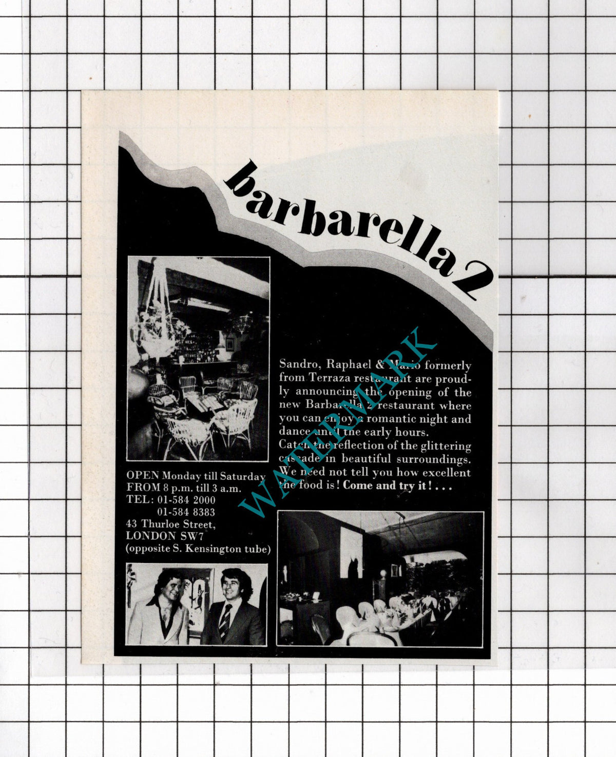 Barbarella 2 Restaurant London Sandro Raphael Mario - 1980 Small Advert