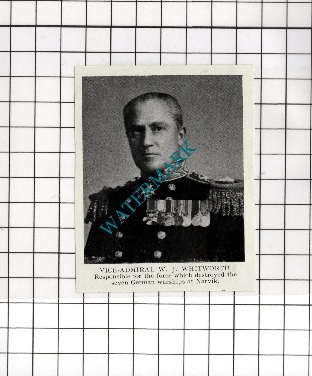 Vice Admiral W J Whitworth Narvick WW2 - 1940's SMALL Cutting