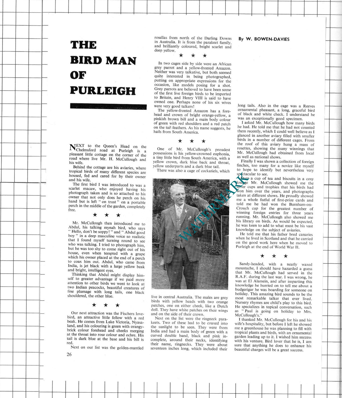 Mr H McCullough Purleigh Essex Bird Man  - 1967 Article