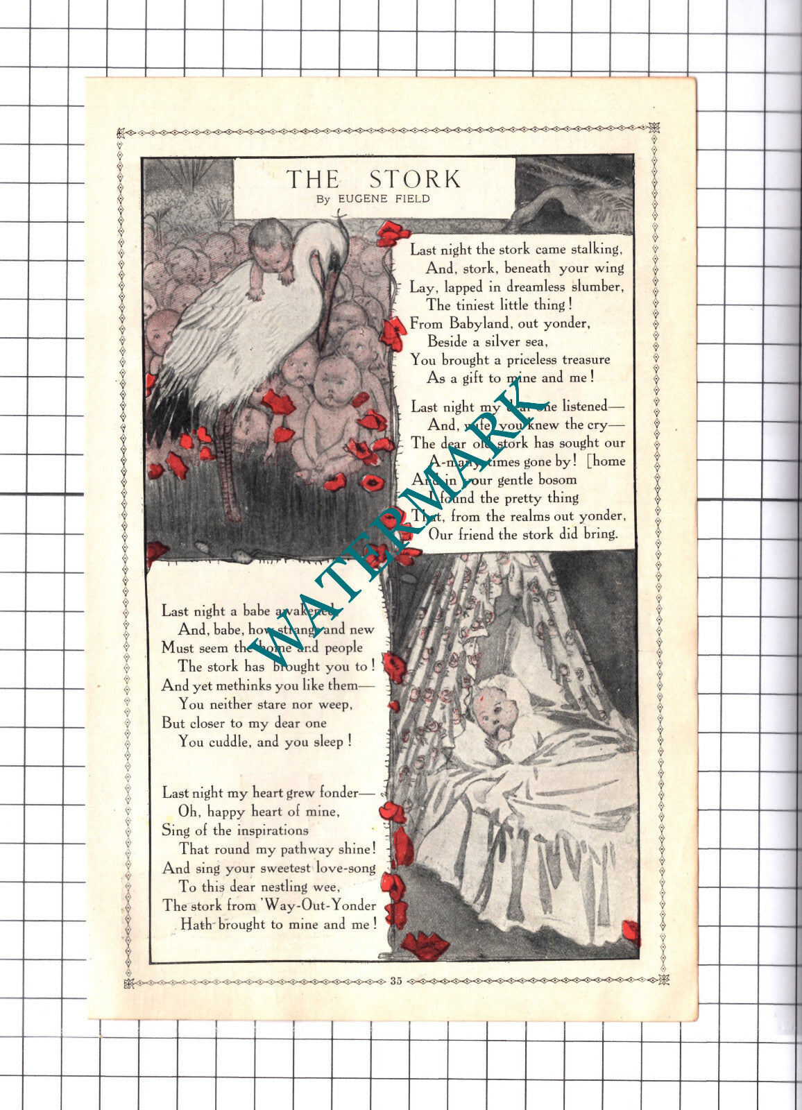 The Stork Eugene Field Poem New Baby - c.1930's Cutting / Print