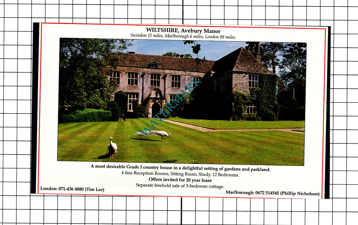 Avebury Manor Wiltshire House Sale Advert - 1991 Clipping / Print
