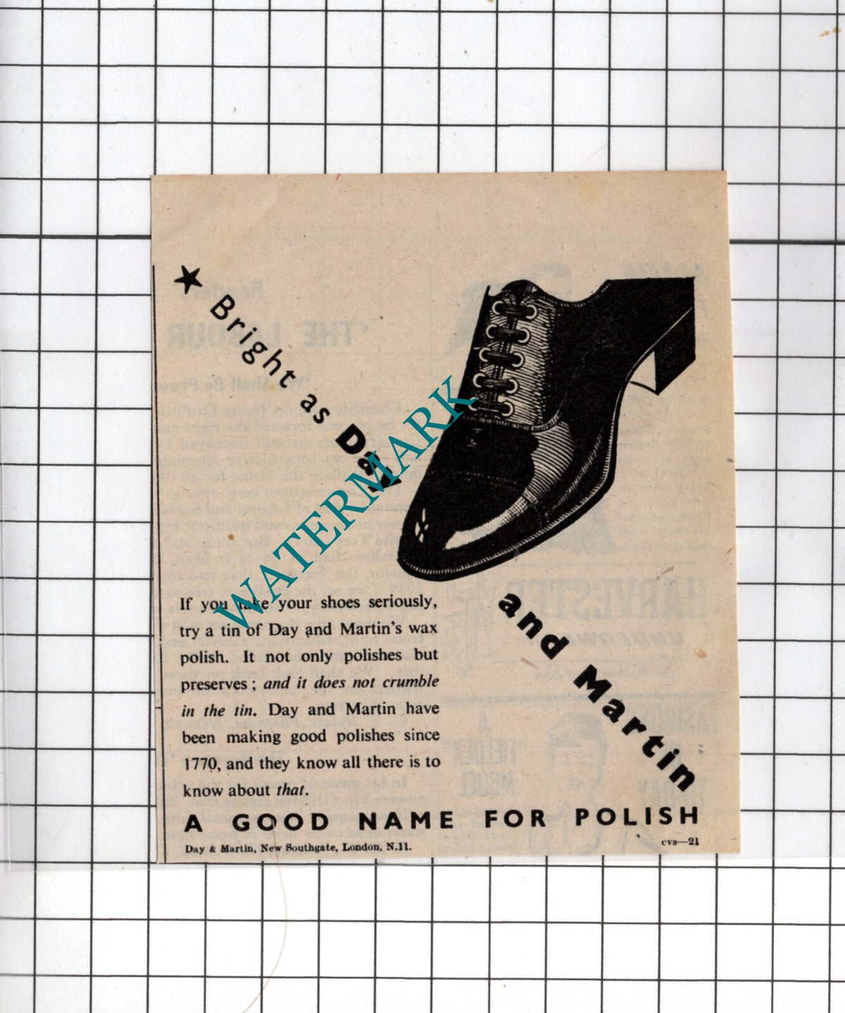 Day and Martin Wax Polish Advert   - 1948 SMALL Cutting