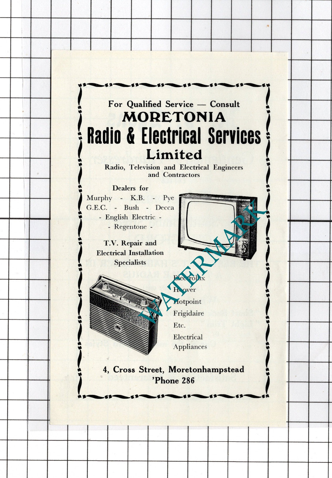 Moretonia Radio Moretonhampstead / MJ Lyons Hairdresser Chagford -c.1940s Advert