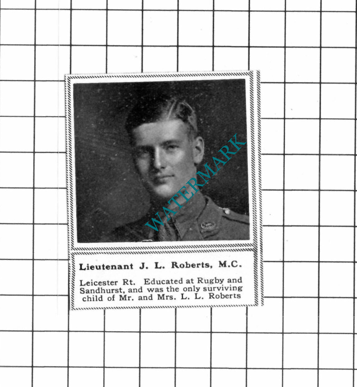 Lt J L Roberts Leicester Regiment  WW1  - c.1918 SMALL Clipping / Print