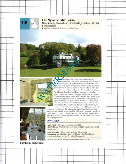 Lovelady Shield Hotel Alston / Ees Wyke Near Sawrey Hawkshead - 2011 Advert