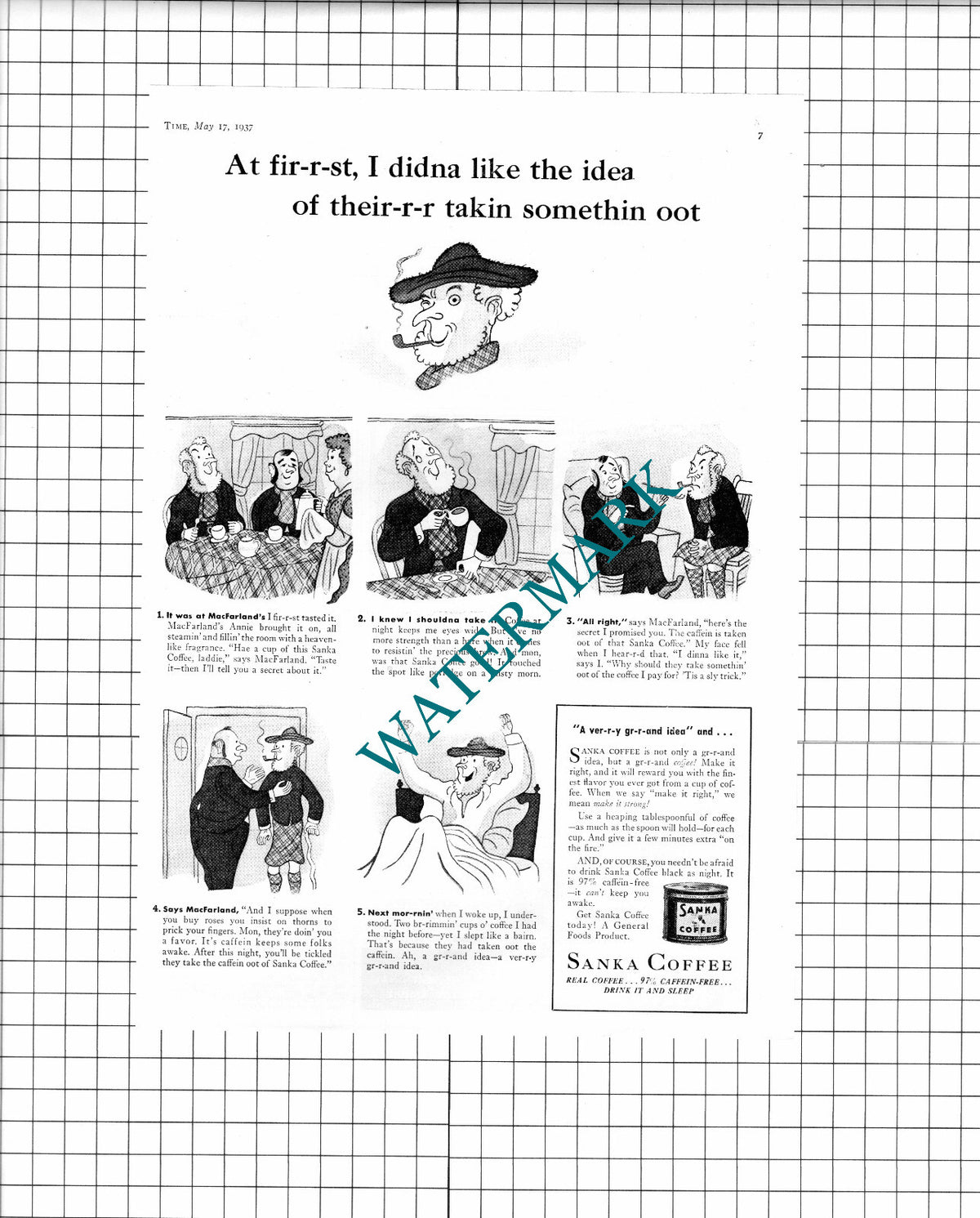 Sanka Coffee Advert - 1937 Clipping / Print