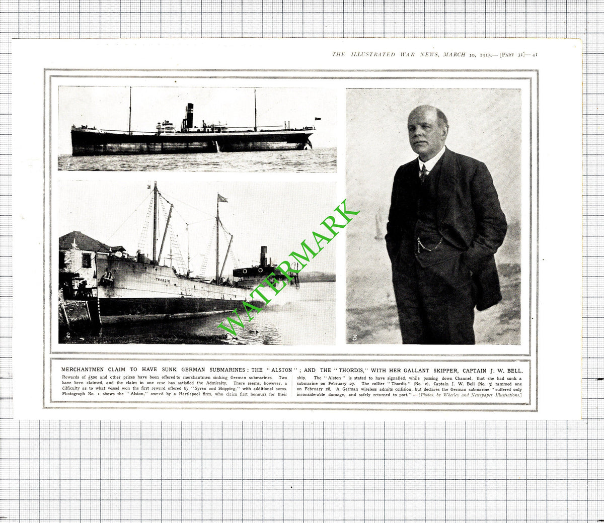 ALSTON Ship Hartlepool Submarine Sinking THORDIS Capt J W Bell  -1915 Cutting