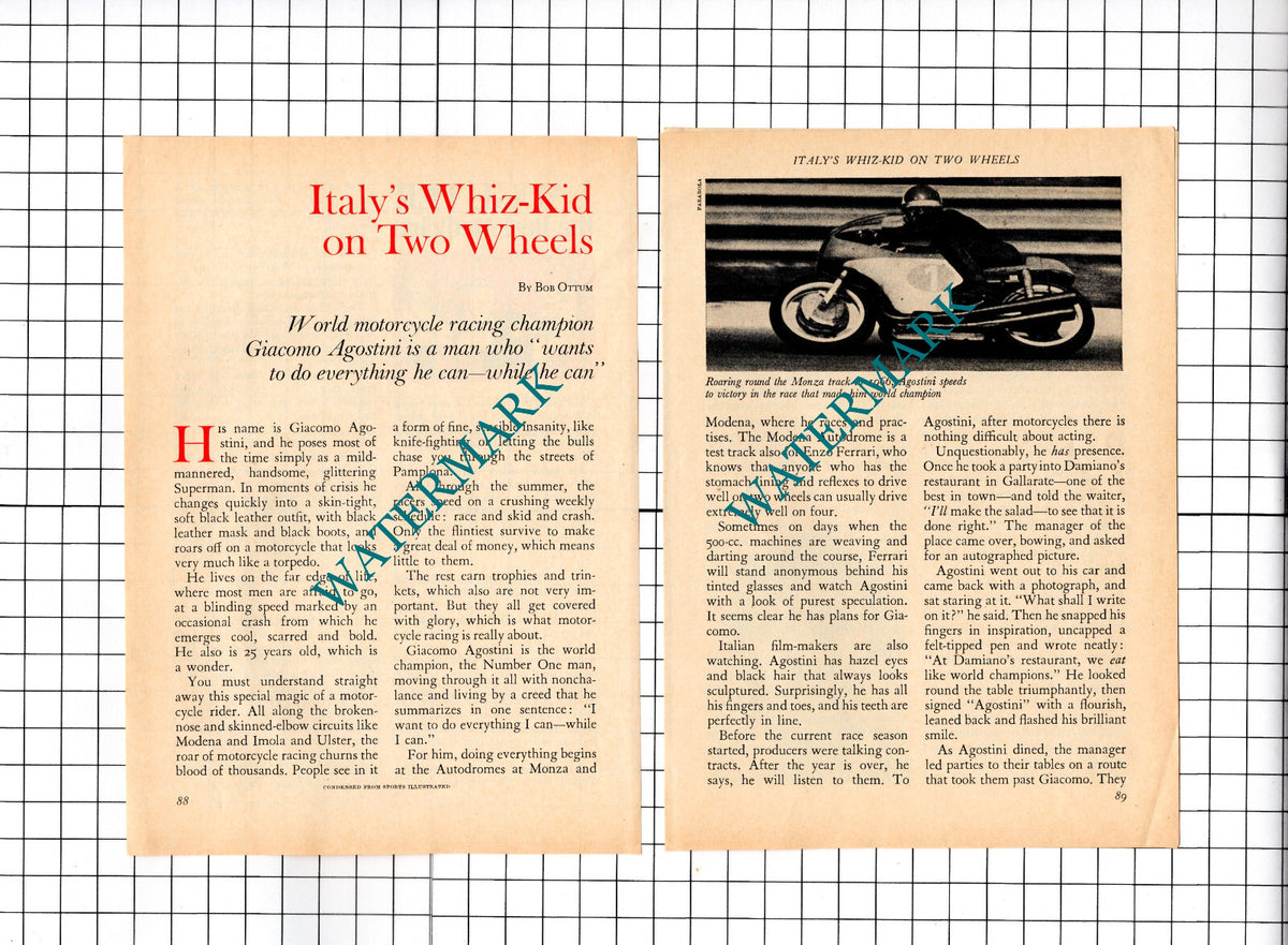 Giacomo Agostini Italian Motor Cycle Racer - 1967 Small Article