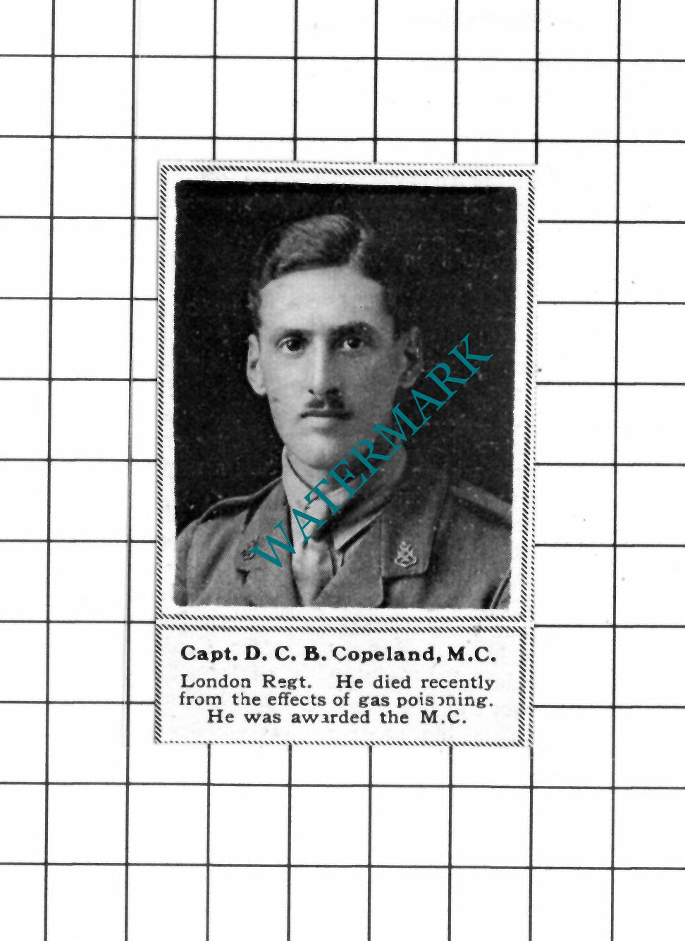 Captain D C B Copeland London Regiment WW1 - c.1918 SMALL Clipping / Print