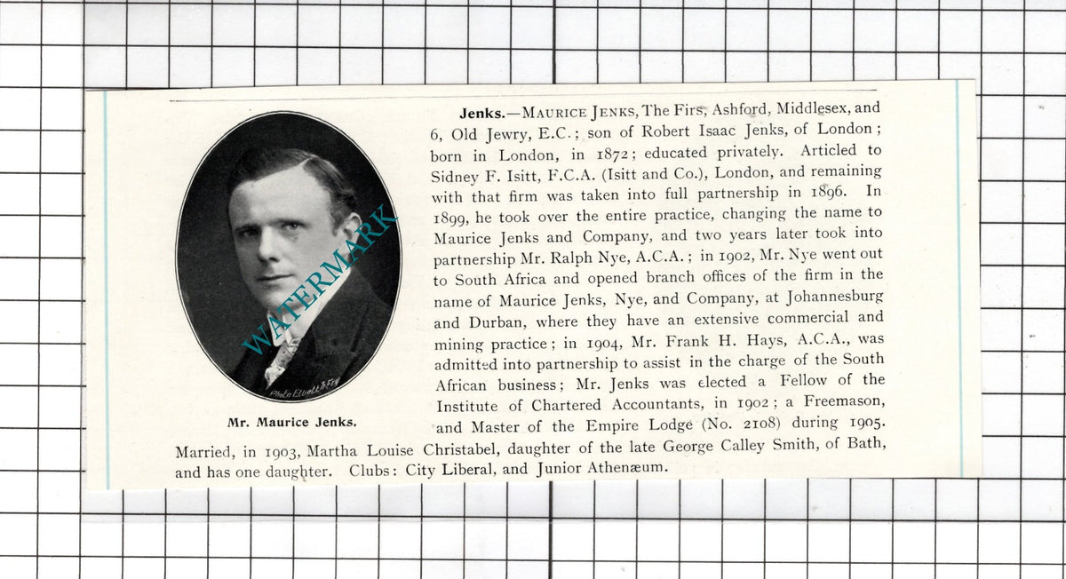 Mr Maurice Jenks The Firs Ashford Middlesex - c.1905 Clipping