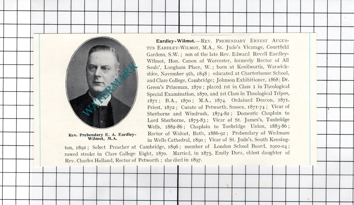 Rev Prebendary Ernest Augustus Eardley-Wilmot St Jude's London -  c.1910 Cutting