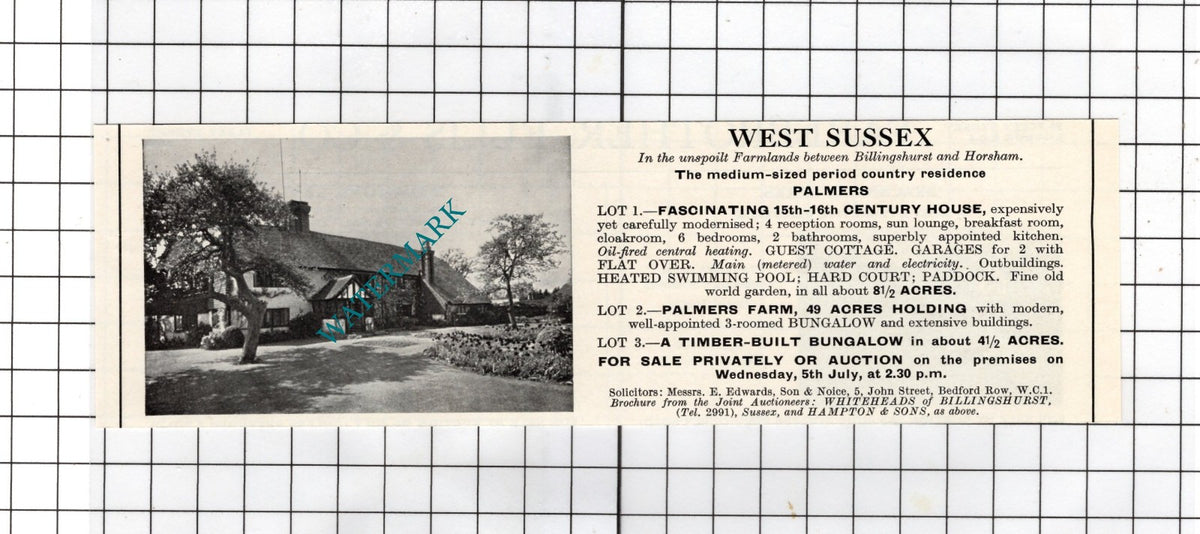 Palmers Farm Billingshurst Sussex -   1967 House Sale Advert