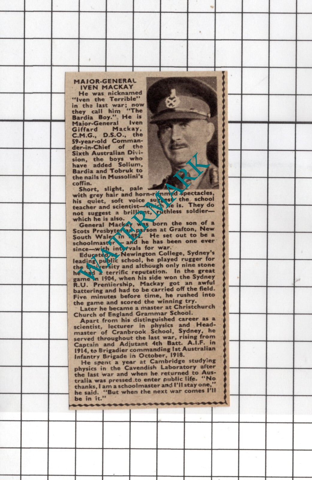 Major General Iven Giffard Mackay World War Two WW2  - c.1940 SMALL Clipping