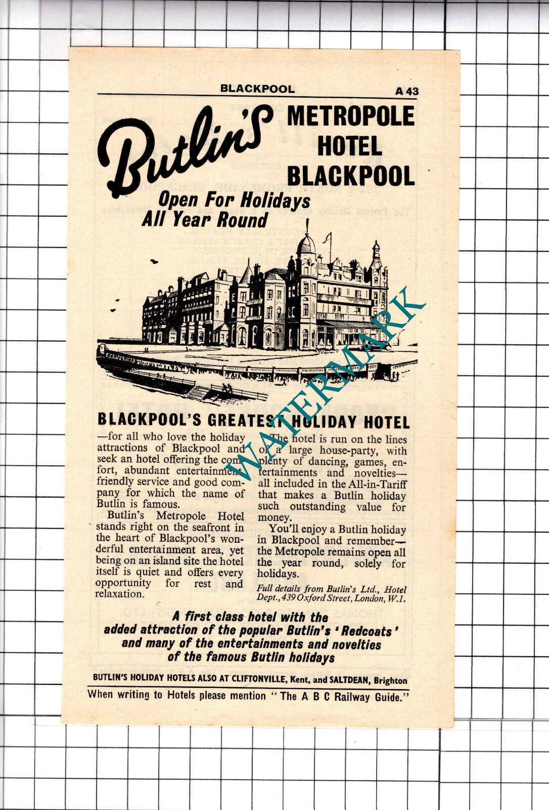 Butlin's Metropole Hotel Blackpool Advert  - 1958 Cutting