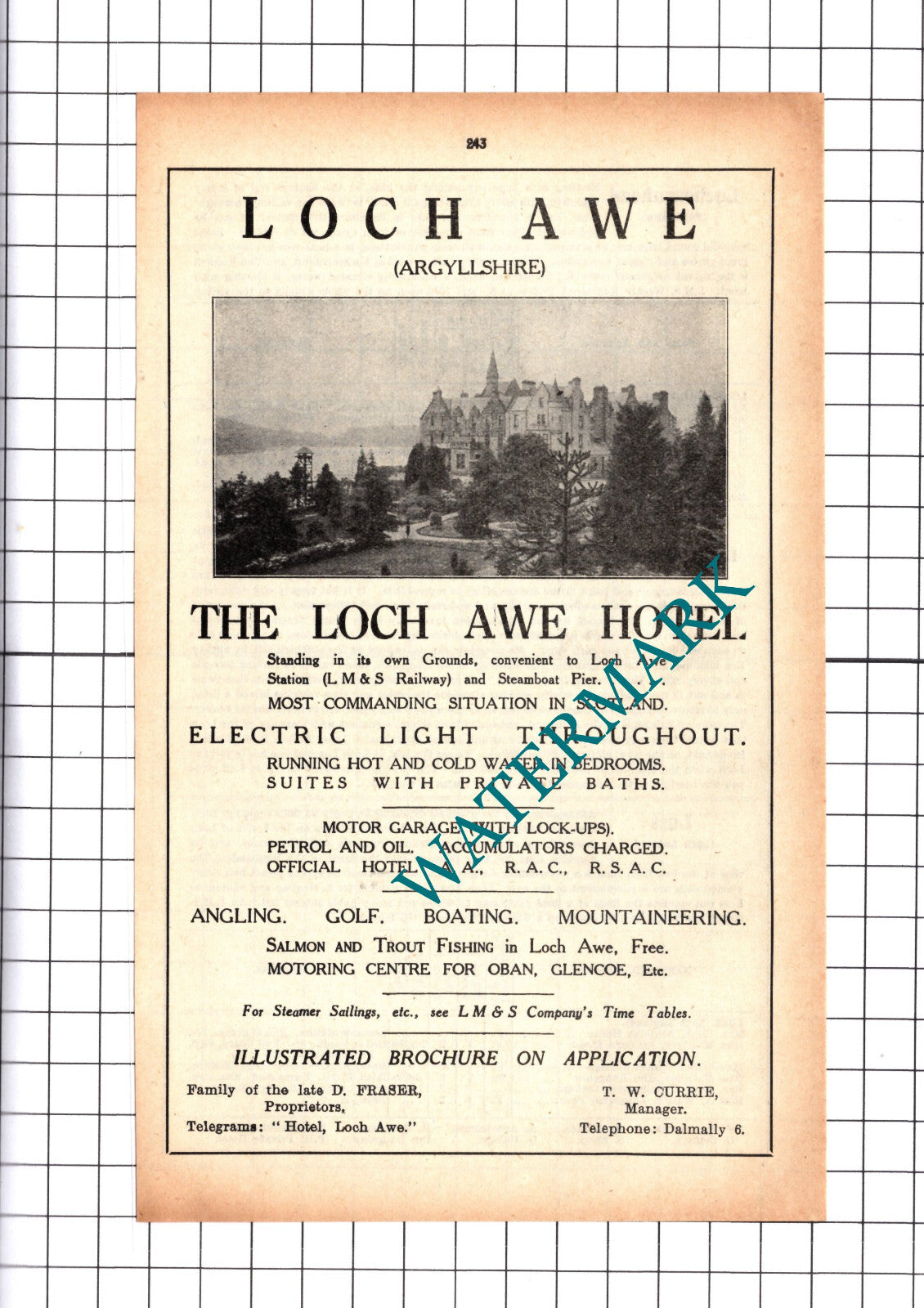 The Loch Awe Hotel Argyllshire Fraser Currie Advert - 1939 Cutting