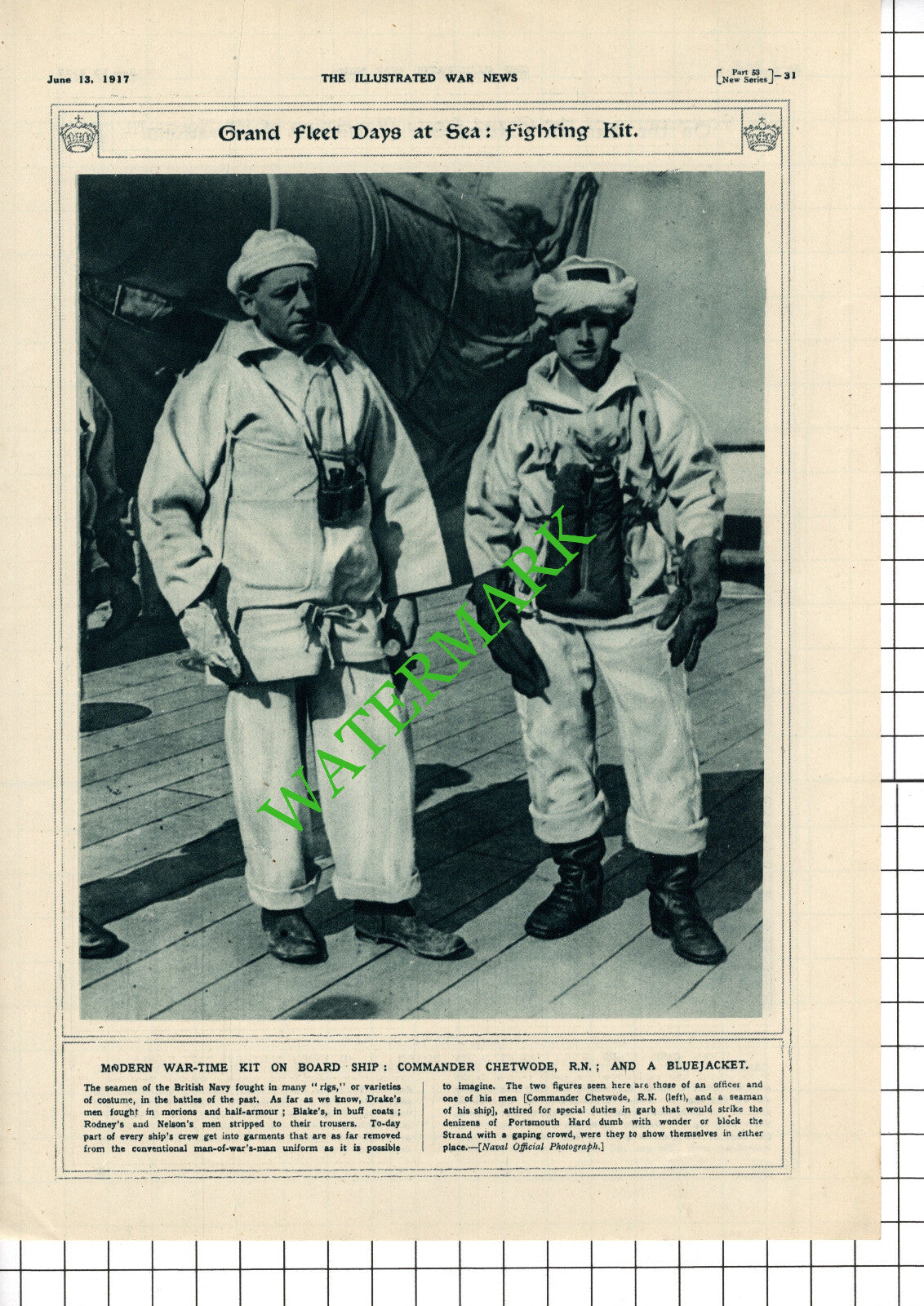 Commander Chetwode Royal Navy Great War WW1 - 1917 Cutting / Print