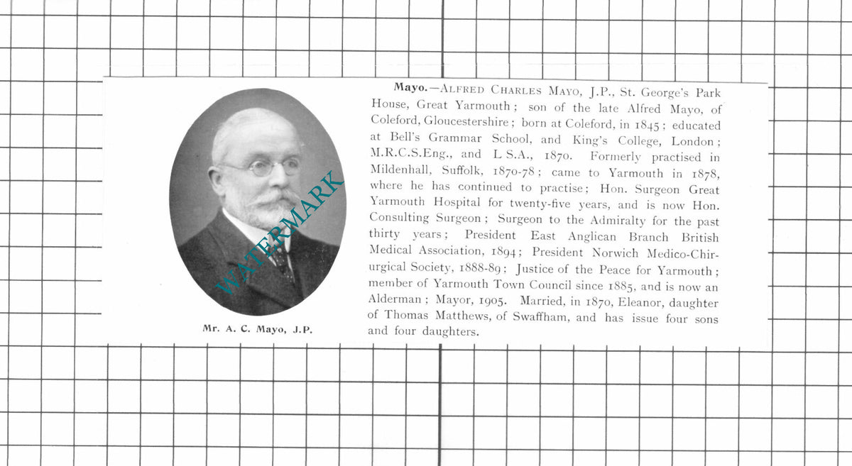 Mr Alfred Charles Mayo St George's Park House Great Yarmouth - 1911 Clipping