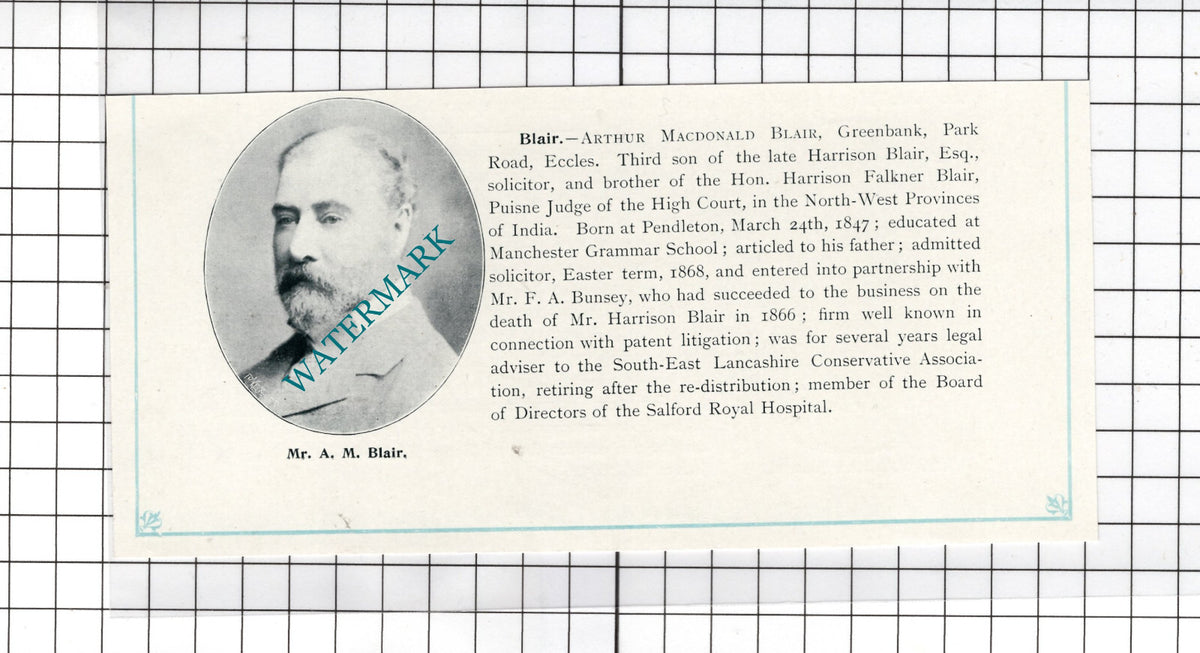 Mr Arthur Macdonald Blair Greenbank Park Road Eccles Manchester - c.1900 Cutting