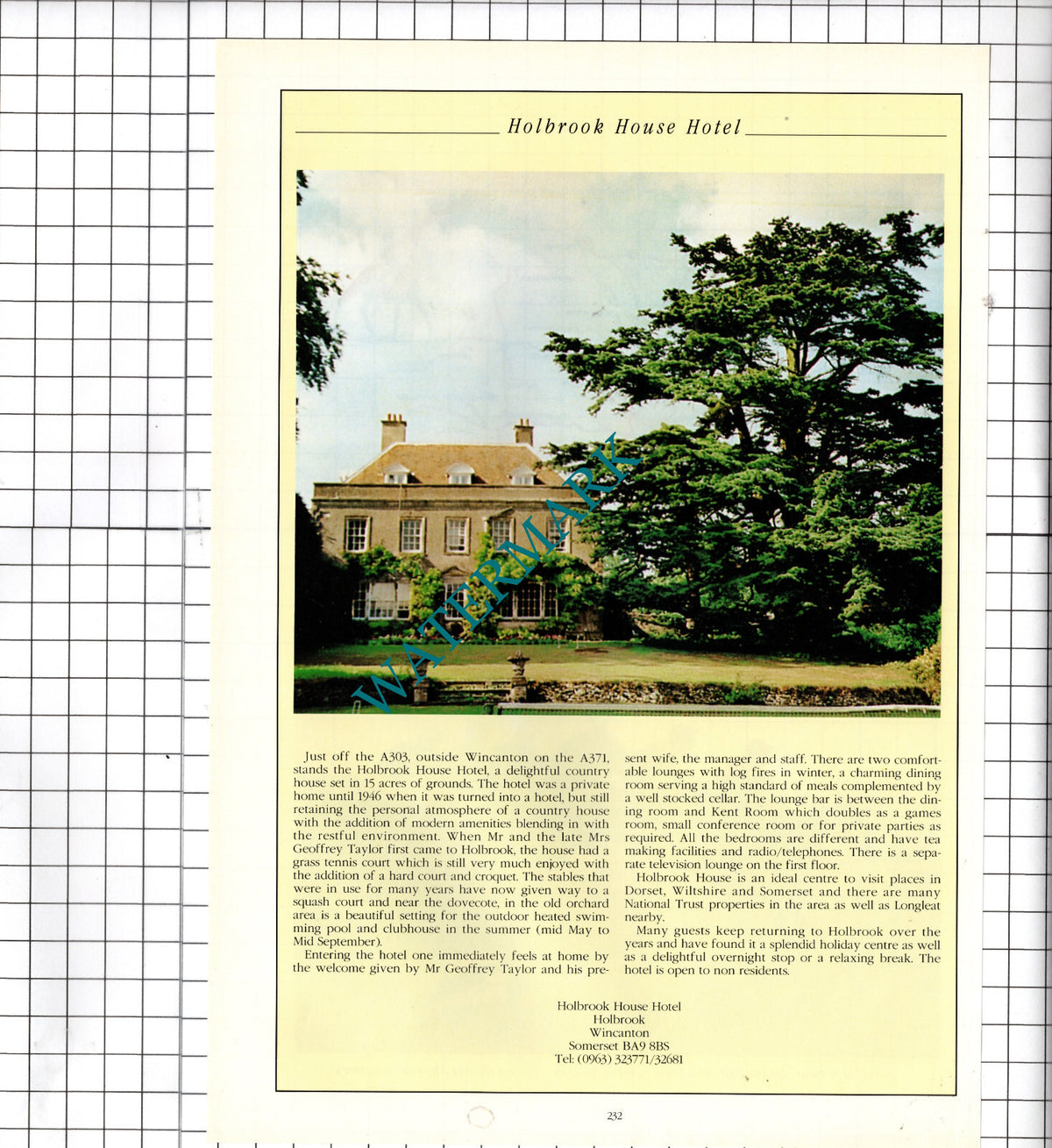 Holbrook House Hotel Holbrook Wincanton Somerset Advert  - 1995 Cutting