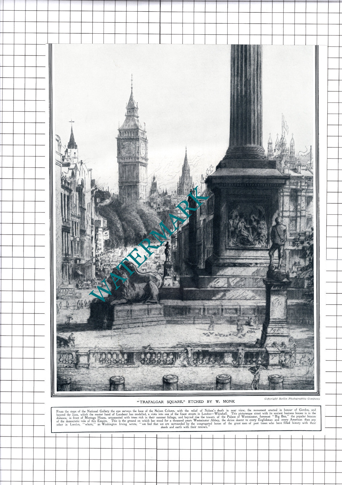 Trafalgar Square  London Nelson's Column W Monk   - 1913 Cutting / Print
