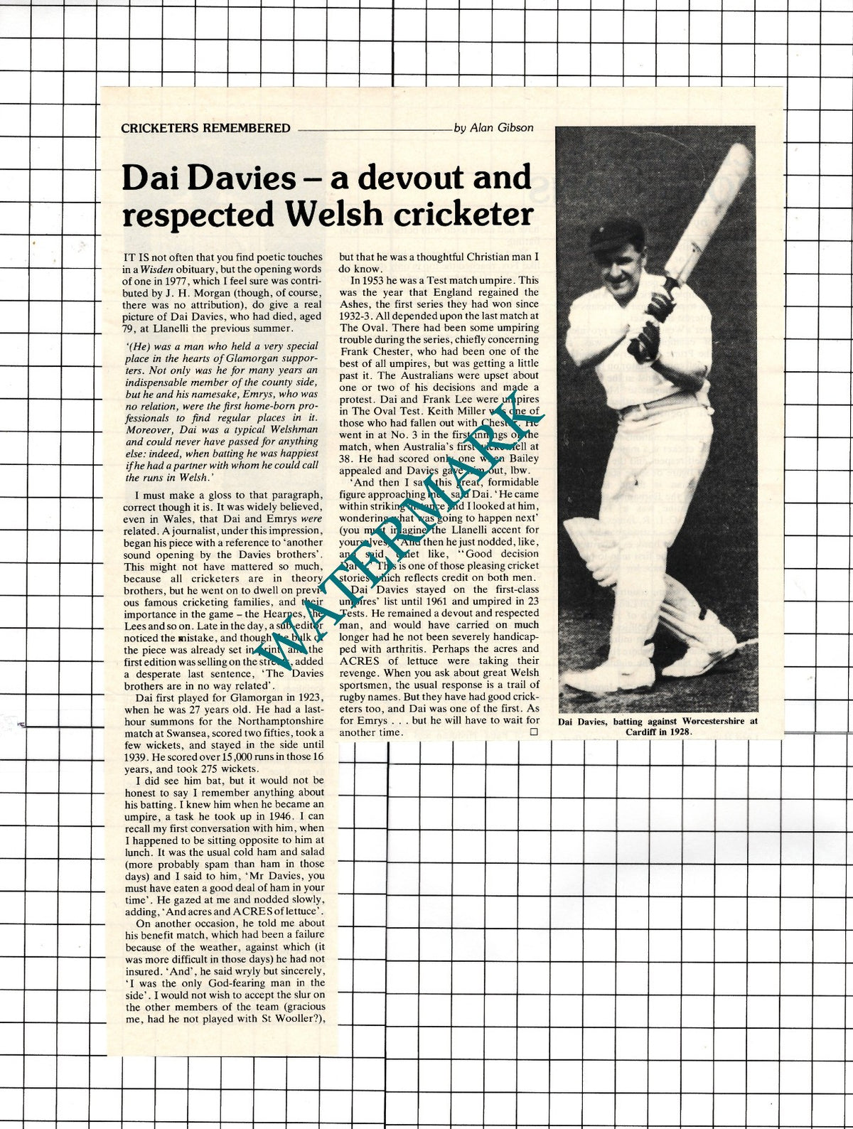 Dai Davies Cricketer Cricket - 1982 Clipping