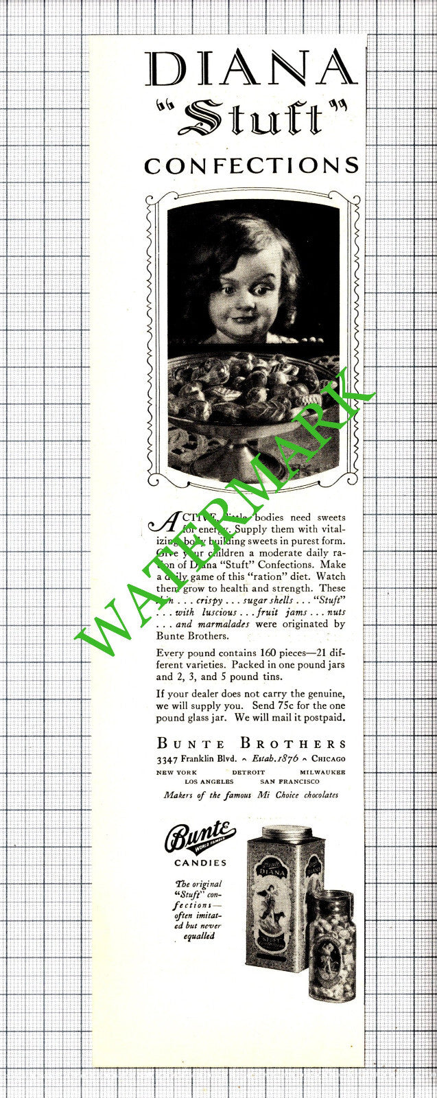 Bunte Brothers  Diana Stuft Confections Advert - 1929 Cutting