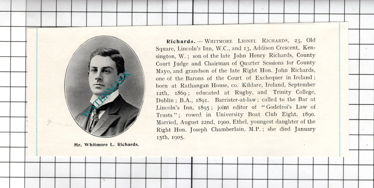 Mr Whitmore Lionel Richards   Rathangan House Co Kildare Ireland c.1905 Clipping