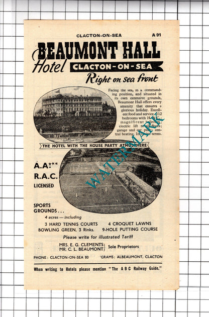Beaumont Hall Hotel Clacton Essex Oulton Hall Hadleigh Advert - 1958 Cutting