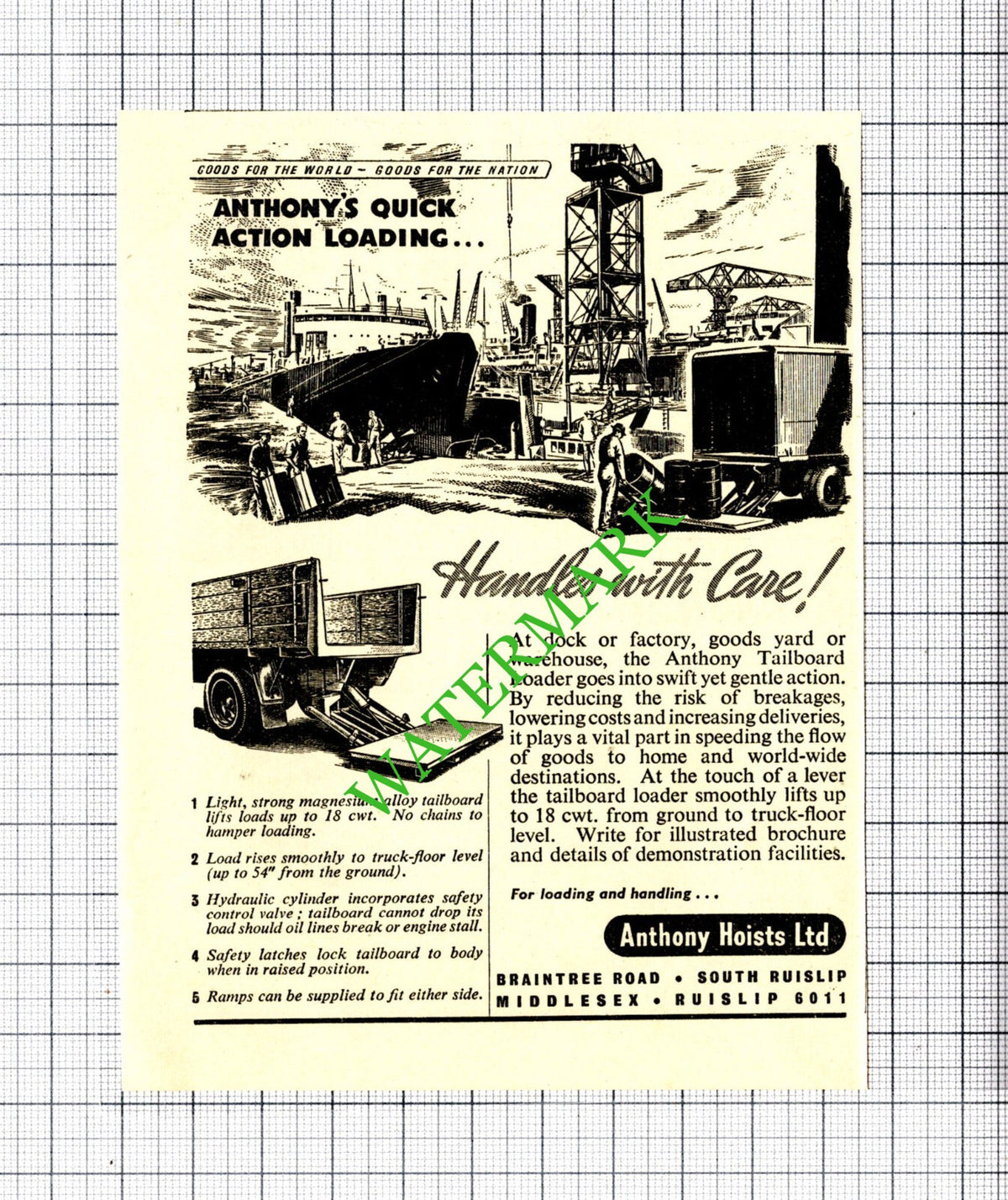 Anthony Hoists Ltd South Ruislip  Small Advert - 1950 Cutting