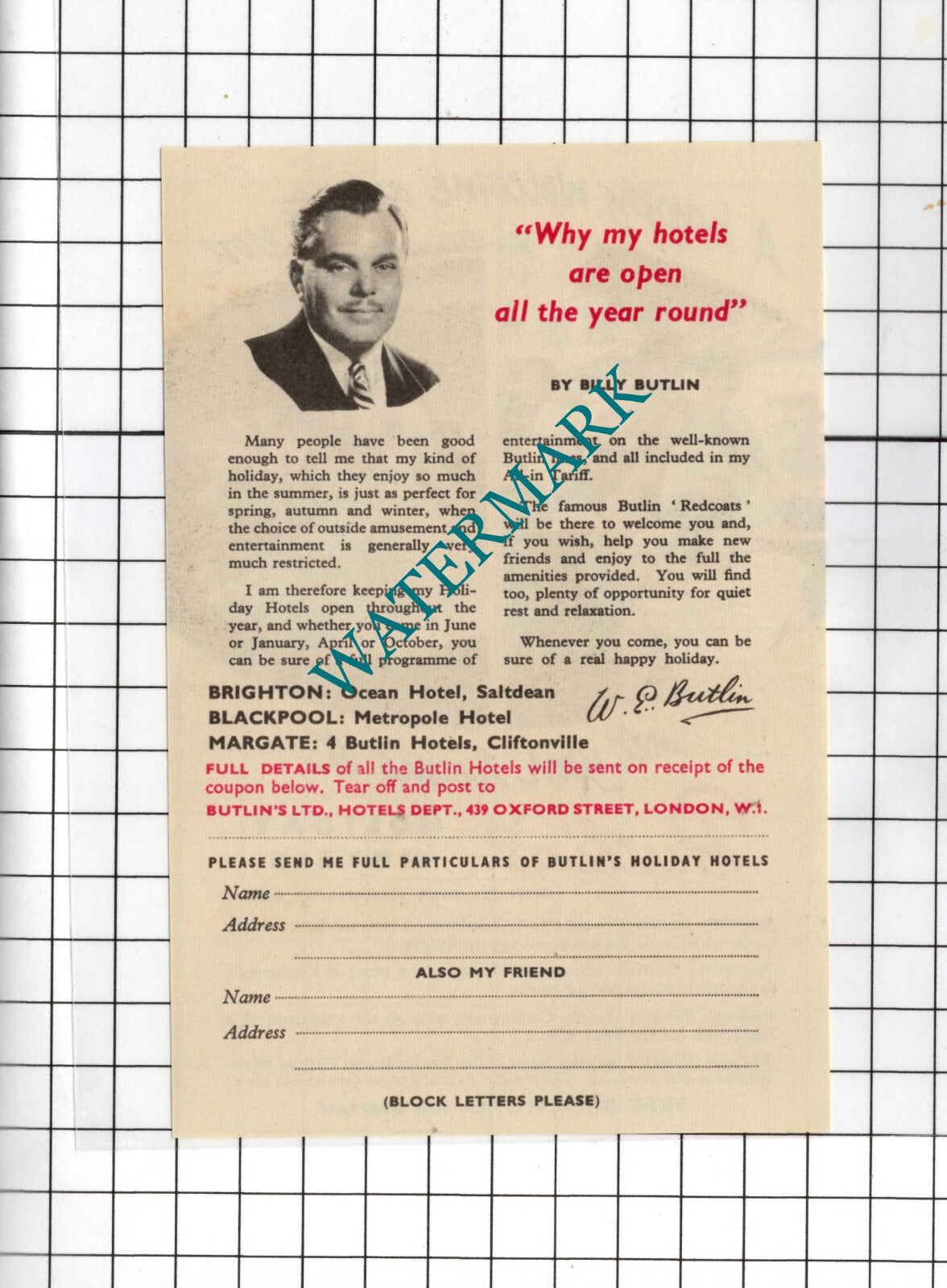 Butlin's Hotels Billy Butlin Brighton Blackpool Margate - 1956 Small Leaflet
