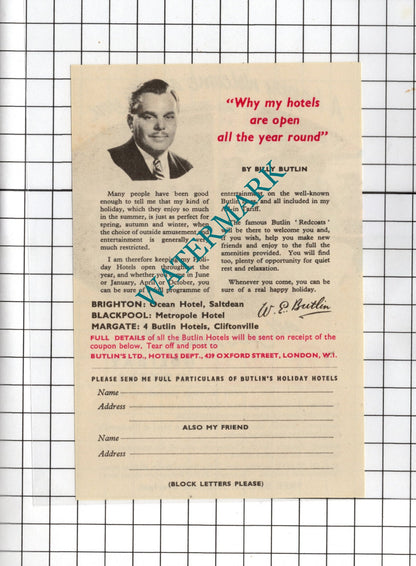 Butlin's Hotels Billy Butlin Brighton Blackpool Margate - 1956 Small Leaflet